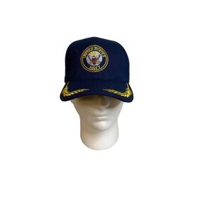US Navy Blue Baseball Cap One Size Embroidered Brim Gold Logo Navy Blue